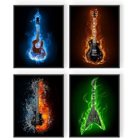 Summit Designs Guitar Music Instrument Wall Art Prints, Poster Photos, Electric Acoustic Flame Modern Abstract, Unframed Set of 4 (8x10")