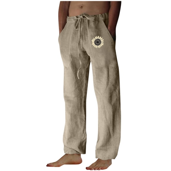 USNSM Fashion Print Casual Cotton Linen Pants for Men, Lightweight Comfort Pants Loose Fit with Elastic Waist Drawstring Beige L