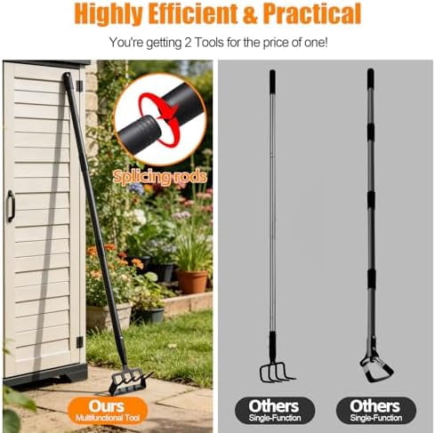 Garden Hoe, 72 Inch Soil Tiller Cultivator Stirrup Hoe, Heavy Duty 2-in-1 Garden Tool with Adjustable Long Handle, Action Scuffle Loop Hoe with Rake for Flower Beds, Garden Loosening Weeding Digging