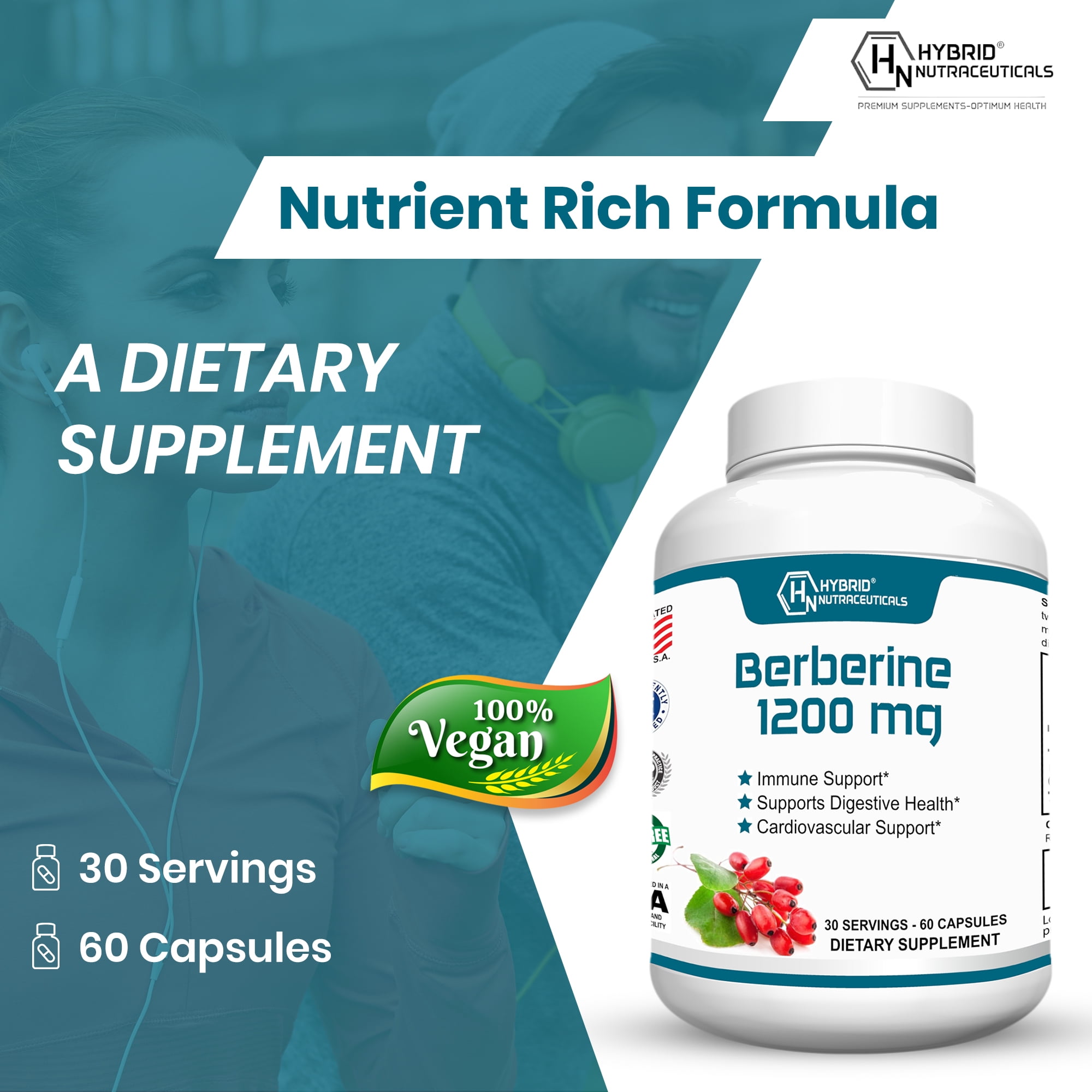 Hybrid Nutraceuticals Berberine 1200mg - Concentrated Berberine HCl Formula - Immune Support, Digestive Support, Healthy Weight - Gluten Free, 60 Capsules