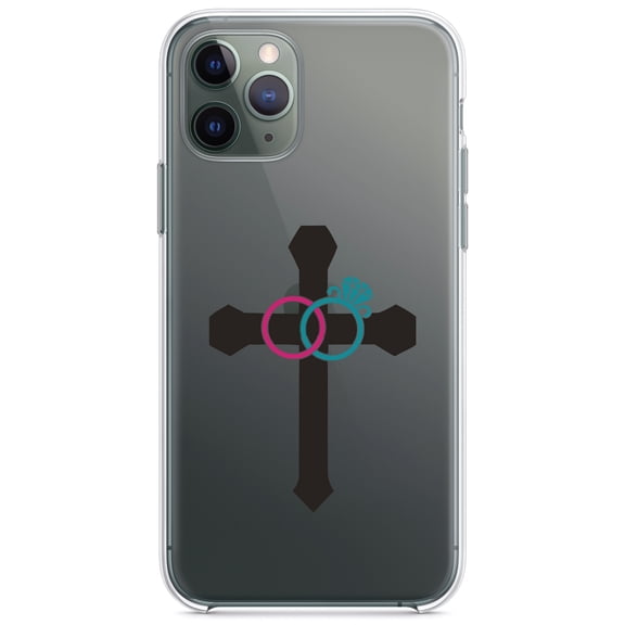 DistinctInk Clear Shockproof Hybrid Case for iPhone 11 Pro MAX (6.5" Screen) - TPU Bumper Acrylic Back Tempered Glass Screen Protector - Wedding Rings Cross Jesus