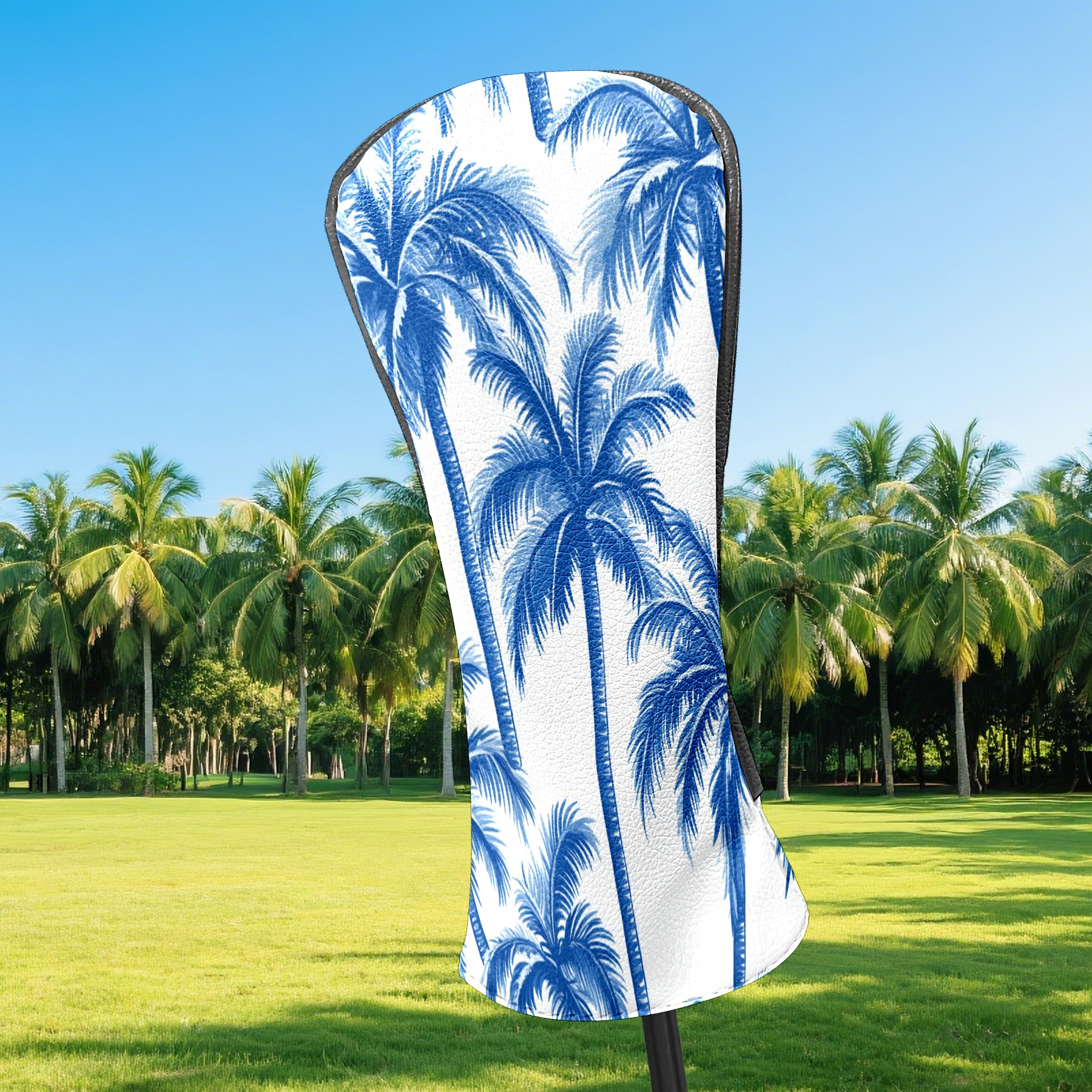 Golf Club Covers PU Leather Waterproof Head Covers for Fairway Woods Hybrids Blue Palm Tree