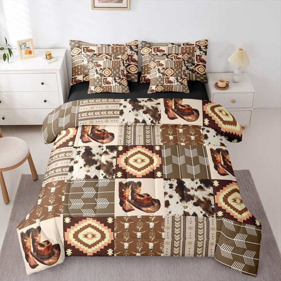 Manfei Western Cowgirl Boots Bedding Comforter Set 7-Piece, Bohemian Hippie Style King Bedding Sets, Brown Patchwork Buffalo Reversible Bed Sheets, Microfiber Bedroom Decor