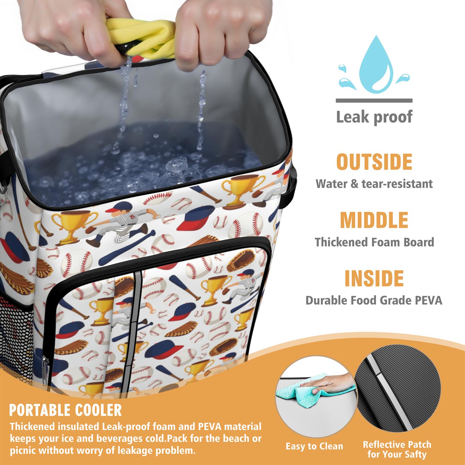 Travel Cooler Bag - Baseball Elements and Trophies Pattern Camping Beer Cooler Backpack with Bottle Opener- Waterproof Insulated Picnic Backpacks - Cooler Bag for Beach
