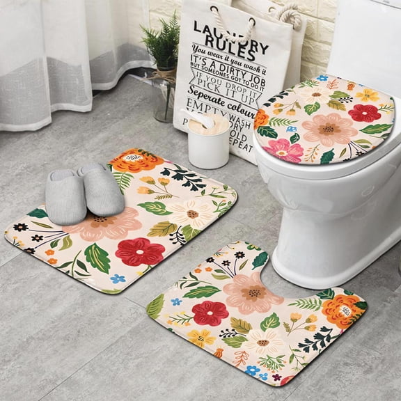 Bright Pioneer Flower Bathroom Rugs Sets 3 Piece,Toilet Cover Set,Absorbent Non Slip Bathroom Mats Sets with U-Shaped Contour Rug Toilet Rug Set