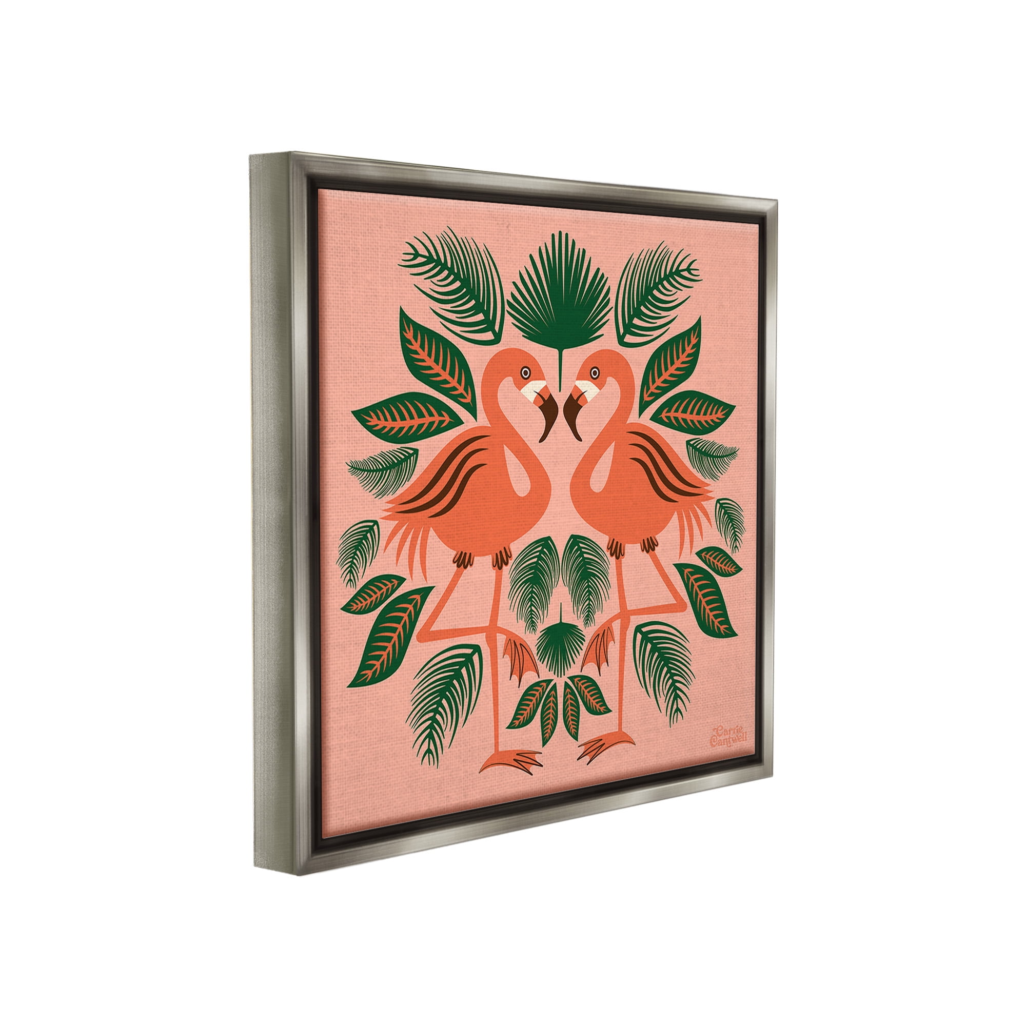 Stupell Industries Symmetrical Tropical Flamingos Animals & Insects Painting Gray Floater Framed Canvas Art Print Wall Art, 25 x 25