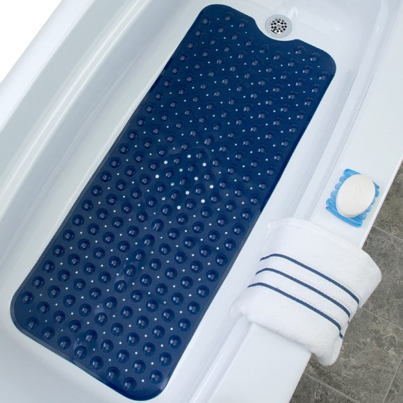 SlipX Solutions Tapis de Bain et de Douche Extra Long Power Grip 39x16, Antidérapant pour Plancher Mouillé pour Salle de Bain d'Aînés et d'Enfants, Tapis de Baignoire 30 % Plus Longs, 200 Ventouses, Trous de Drainage, Lavage à la Machine, Bleu Marine