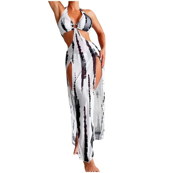 Oplxuo Two Piece Swimsuits for Women Sexy Halter Bikini Set with Coverups Maxi Dress Tie Dye 3 Piece Bathing Suits Swimwear