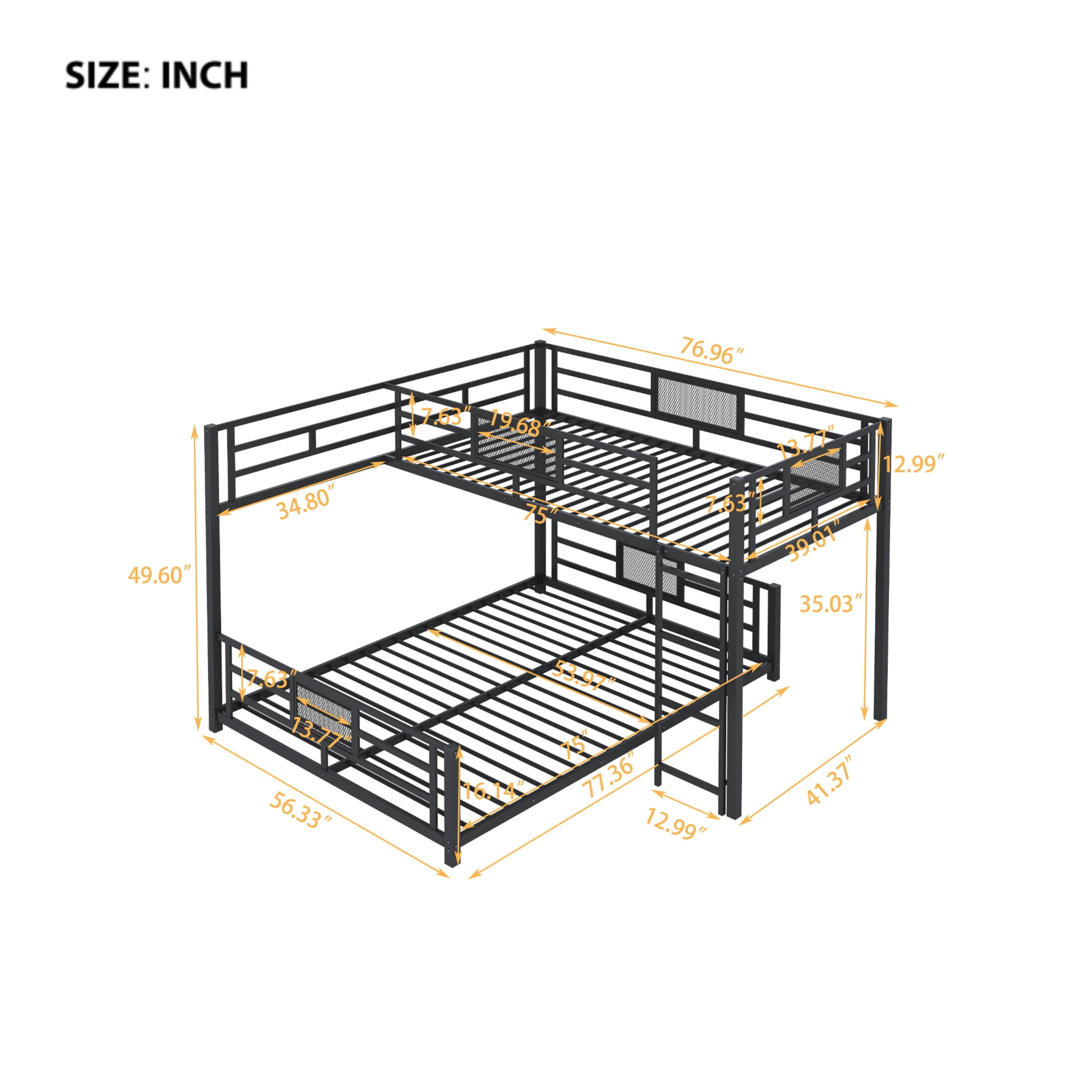 Noble House Twin over Full L-Shaped Bunk Bed, Space-Saving Metal Frame with Guardrails, Space Saving, Black