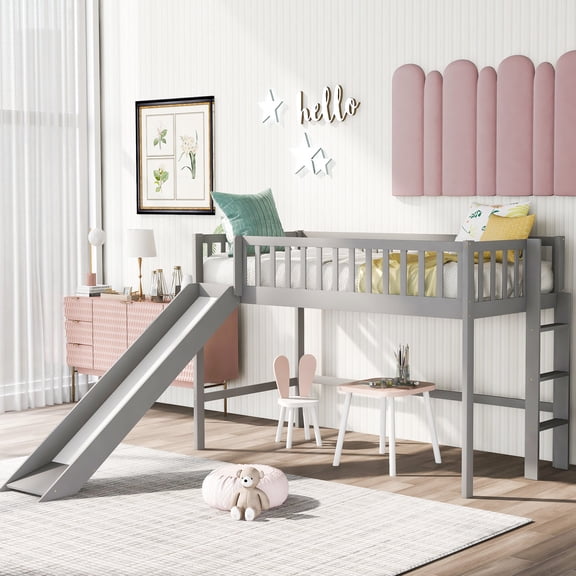 Twin Size Low Loft Bed With Slide And In Gray - Bedroom Choice Removable Versatile Setup