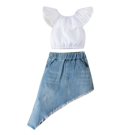 

XINSHIDE Toddler Kids Baby Girls Ruffles Off Shoulder Tshirt Tops+ Denim Irregular Skirts 2Pcs Outfits Set Baby Clothing