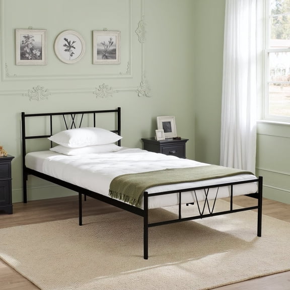 Twin Size 11.5" Height Metal Platform Bed Frame with Headboard & Footboard, Steel Slat Support, Under-Bed Storage, No Box Spring Needed, Easy Assembly