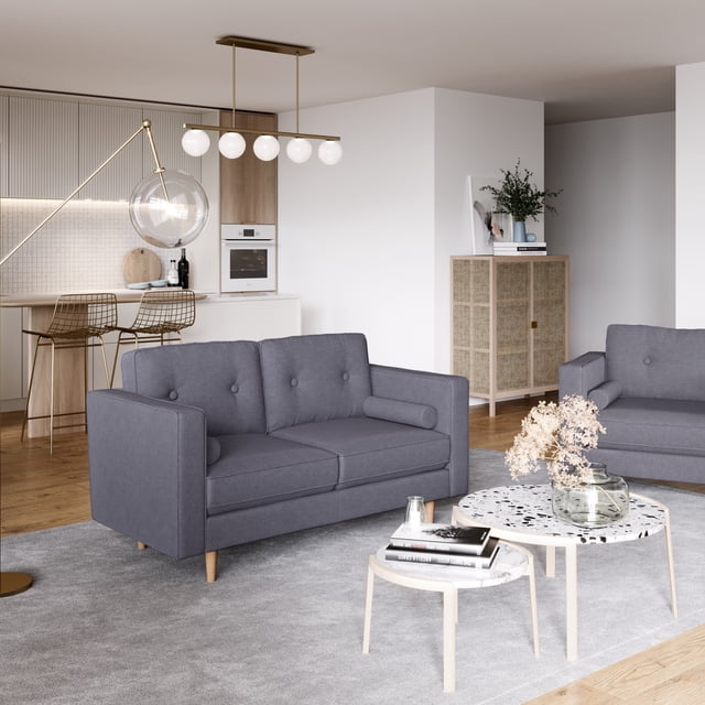 CorLiving Mulberry Fabric Upholstered Modern Indoor 2-Seater Loveseat with Tufted Back and 2 Bolster Cushions, Grey
