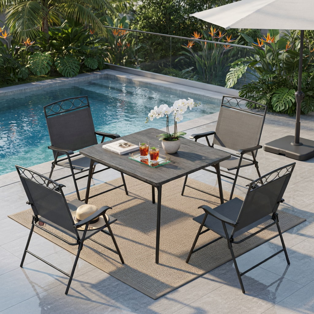 Hommoo 4-Pack Folding Patio Chairs with Armrests, Outdoor Dining Chairs, Lightweight Metal Frame, Easy-Store Compact Design for Deck, Backyard & Poolside, Gray