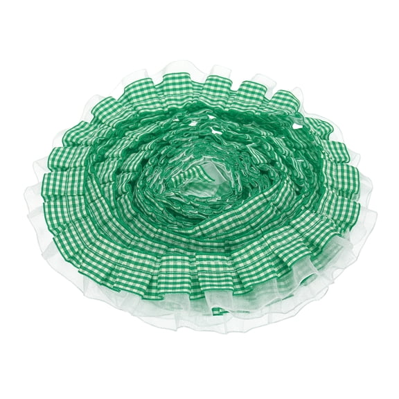 Uxcell 2 Layer Gingham Ruffle Ribbon Trim, 5 Yards x 1.38" Chiffon Pleated Ribbons Fabric Edge Trimming for Sewing, DIY Crafts, Dress and Home Decor Embellishment, Green