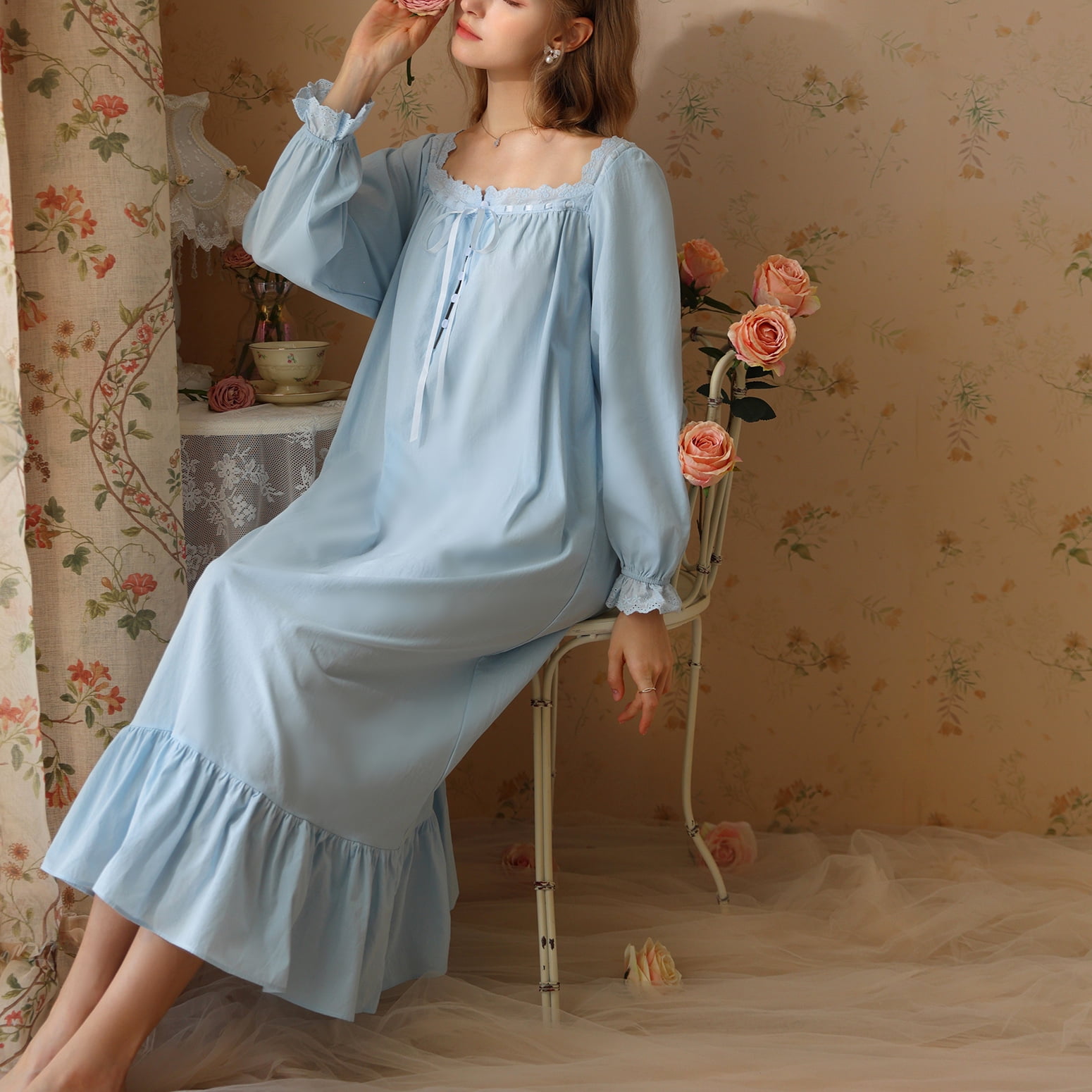 knee length dresses for ladies Blue Cotton Vintage inspired Swing Dress