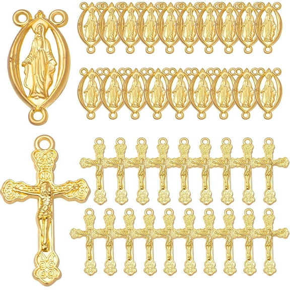 40pcs Gold Plated Rosary Cross and Center Charms Miraculous Medal Pendant Alloy Tibetan Style Jesus Crucifix Cross Pendants Oval Chandelier Links for Rosary Holy Beads Necklace Making