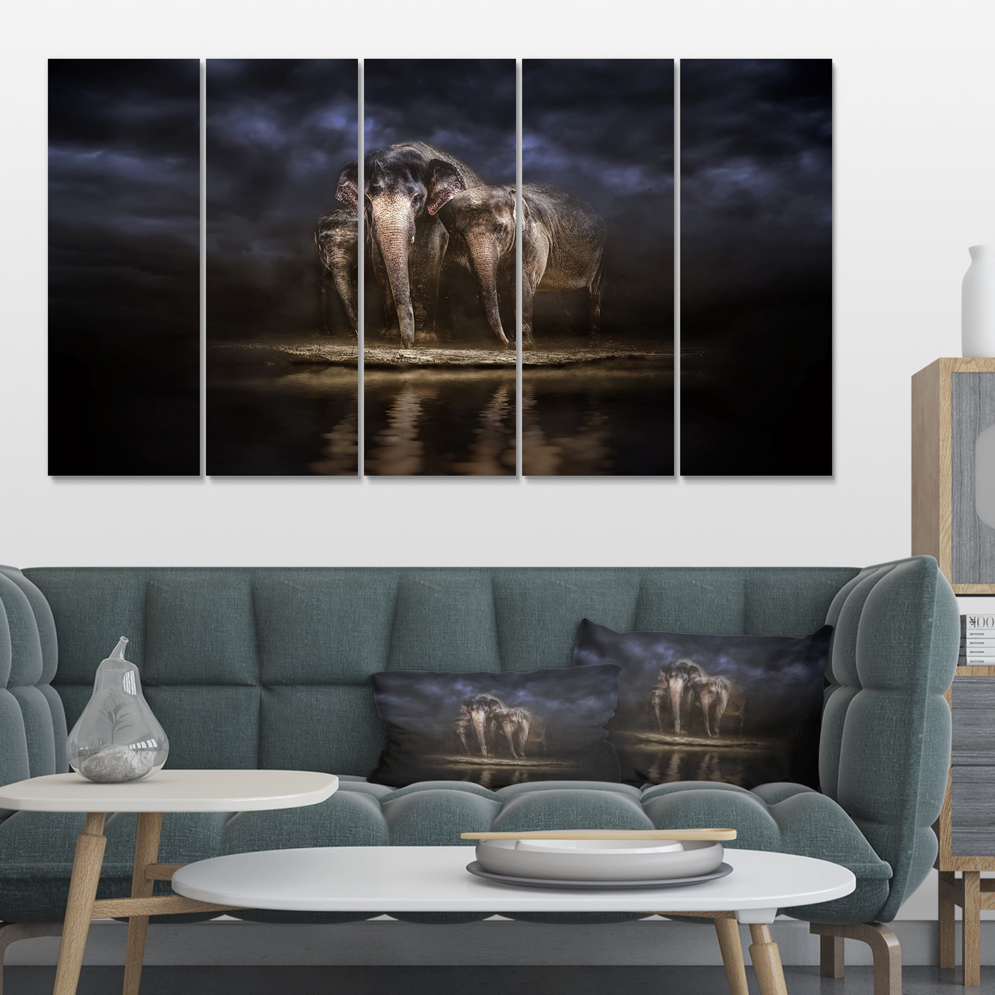 Designart 'Elephants Watering in the River ' Animal Canvas Wall Art