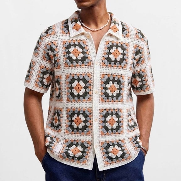 YueHuiYing Men's Striped Knit Short Sleeve Button-Down Shirt Crochet Hollow-Out Summer Beach Top Vintage Vacation Wear