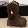 thumbnail image 6 of Babcutegg Girls Tassel Velvet Lined Mid Calf Boots Chunky Heel Side Zipper Retro Style Kids Casual Fashion Boots Brown Size 3Y Big Kid, 6 of 7