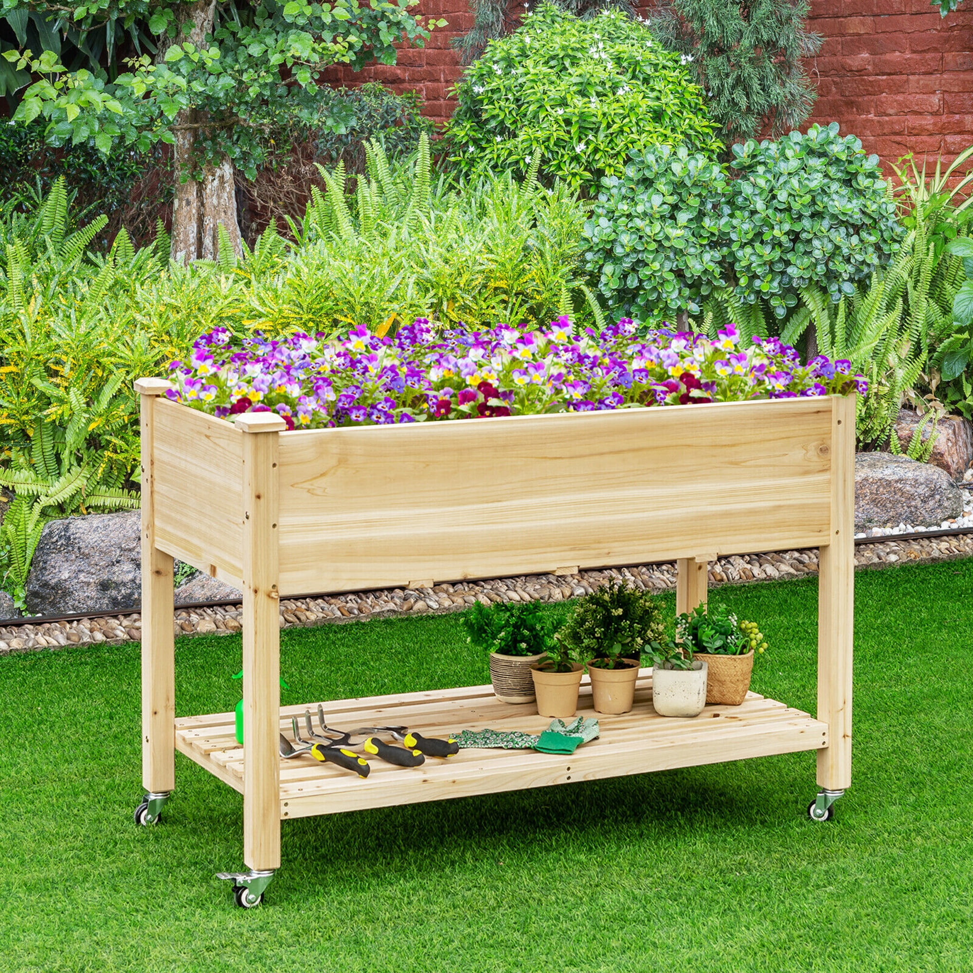 Gymax Raised Garden Bed Wood Elevated Planter Bed w/Lockable Wheels Shelf & Liner
