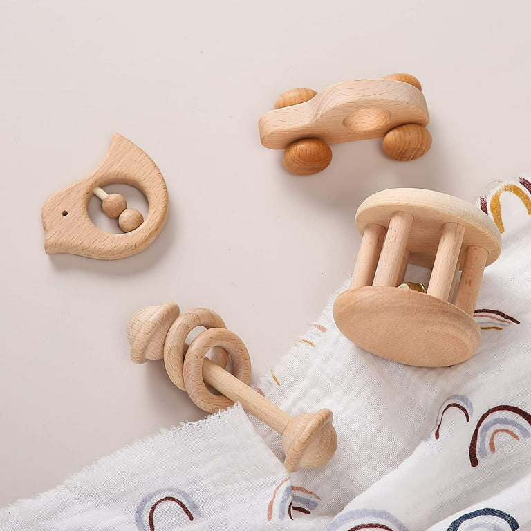 Wooden Baby Toys Wooden Rattle 4PC Handmade Natural Organic Preschool Baby  Grasping Toy 