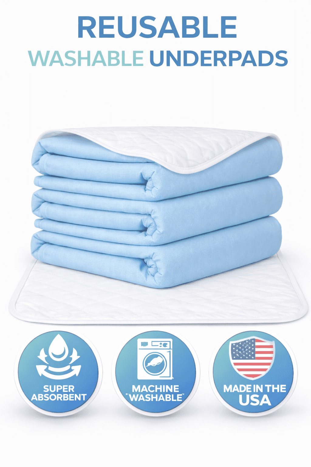 WAVE Extra Large XL 36" x 54" Reusable Washable Underpads - Pack of 3, For Use as Incontinence Bed Pads, Reusable Pet Pads, Great for Dogs, Cats, and Bunny, Made in The US