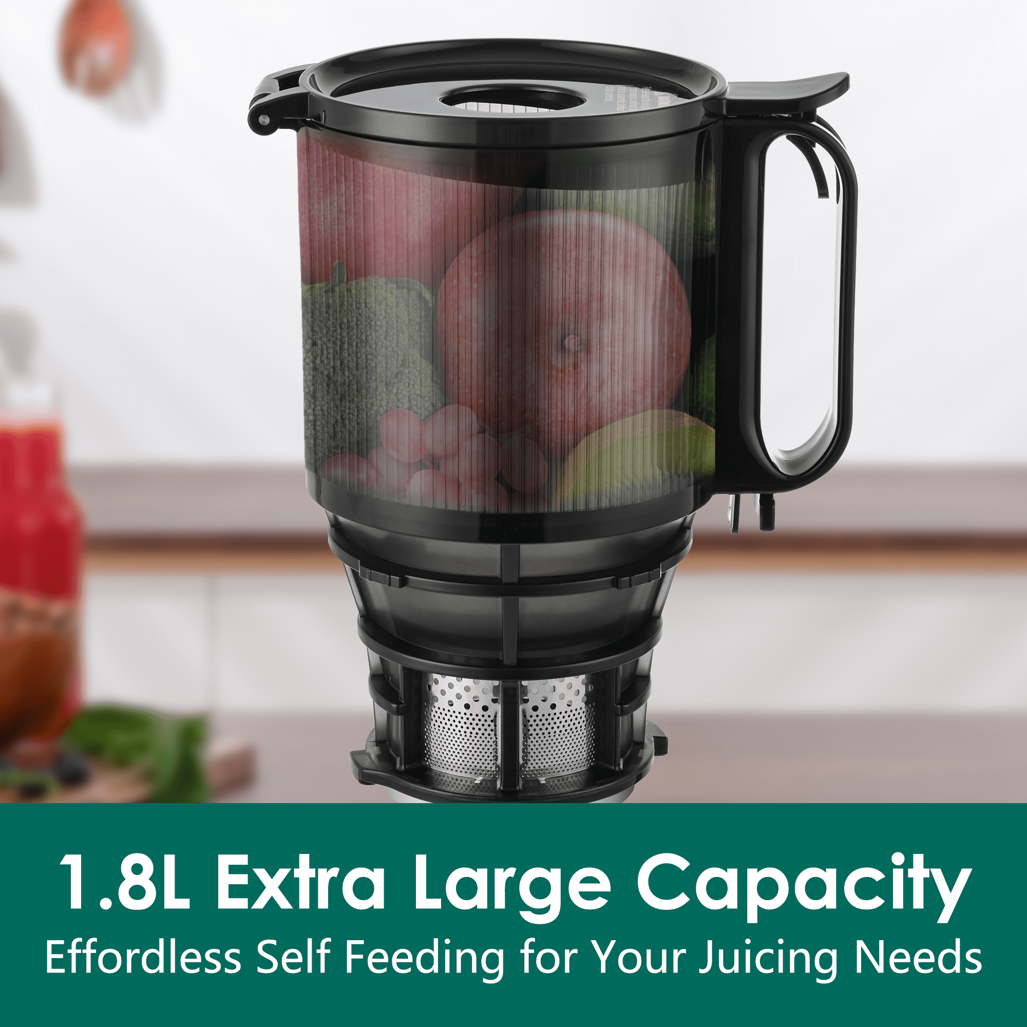 Fretta Cold Press Juicer with 5.3" Extra Large Feed Chute, 250W Slow Masticating Machines Fit Whole Fruits & Vegetables, High Juice Yield, BPA Free (Black)