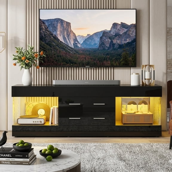 Bestier Black TV Stand for TVs up to 65", Modern High Gloss Entertainment Center for TVs with LED Light, TV Console Table with 2 Storage Drawers
