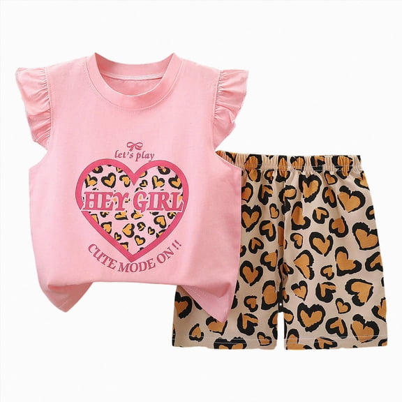 NIEWTR Toddler Girls Summer Clothes Comfortable and Breathable Set Cute Cartoon Printed Flying Sleeve Top Shorts Two Piece Set
