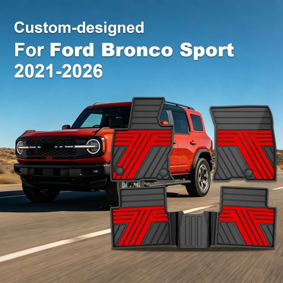 All Weather Rubber Floor Liners Compatible with 2021-2026 Ford Bronco Sport Only, (NOT Bronco) , Waterproof Full Set 1st & 2nd Row Car Floor Mats, Black & Red Two Tone Automotive Floor Mats