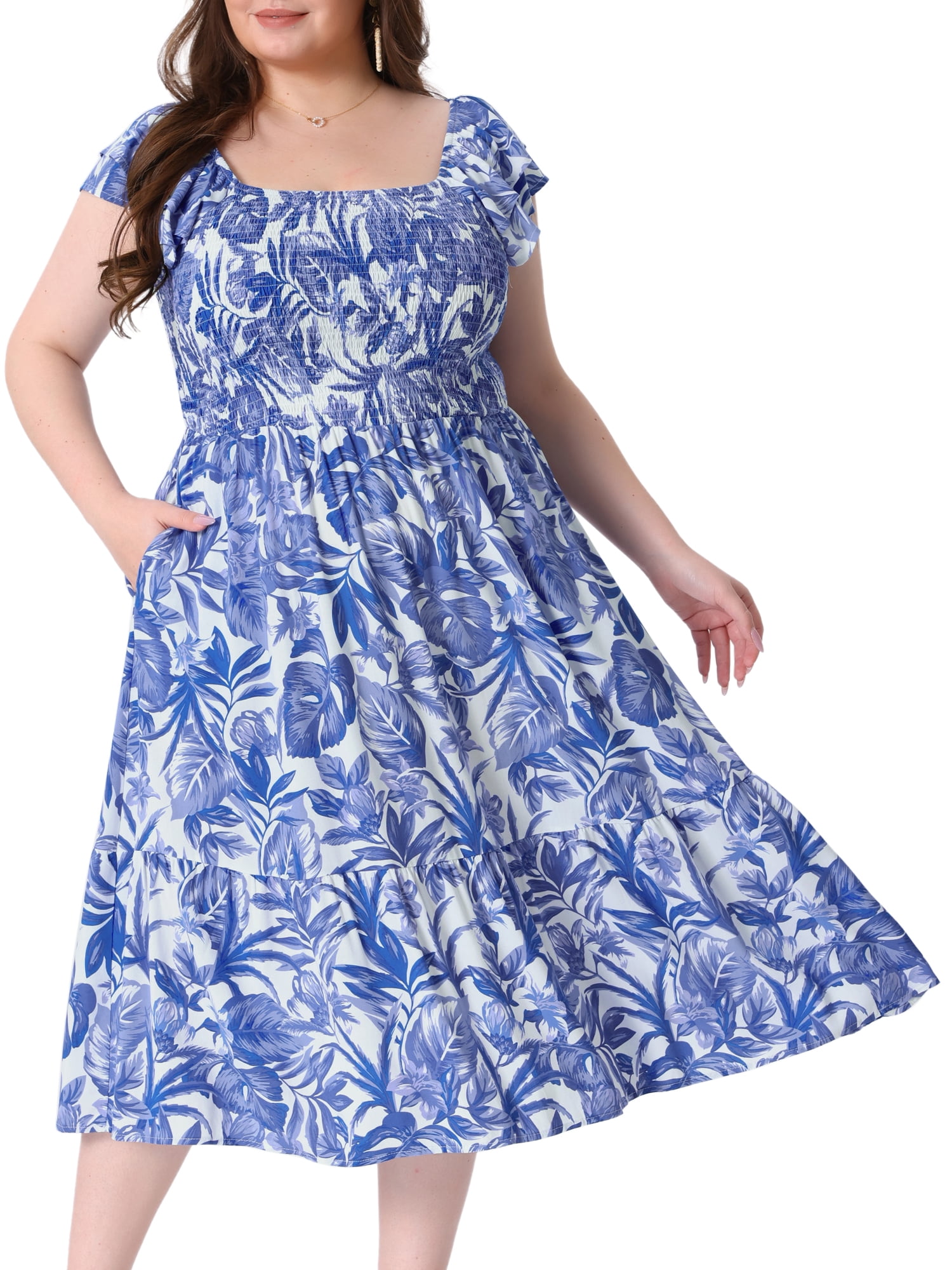 DARING DIVA Women's Plus Size Square Neck and Flutter Sleeves Dress 4X Blue