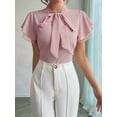 thumbnail image 2 of Women'S Tie Neck Blouse Ruffle Cap Sleeve Elegant Work Office Shirt Tops Pink S, 2 of 7