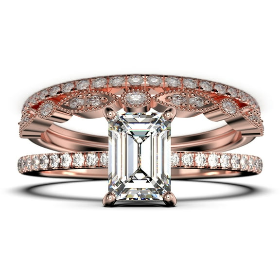 Art deco 2.00 Carat Emerald Cut Diamond Moissanite Engagement Ring Set, Wedding Ring in 10k Solid Rose Gold, Feminine Gift, Promise Ring, Anniversary Gift