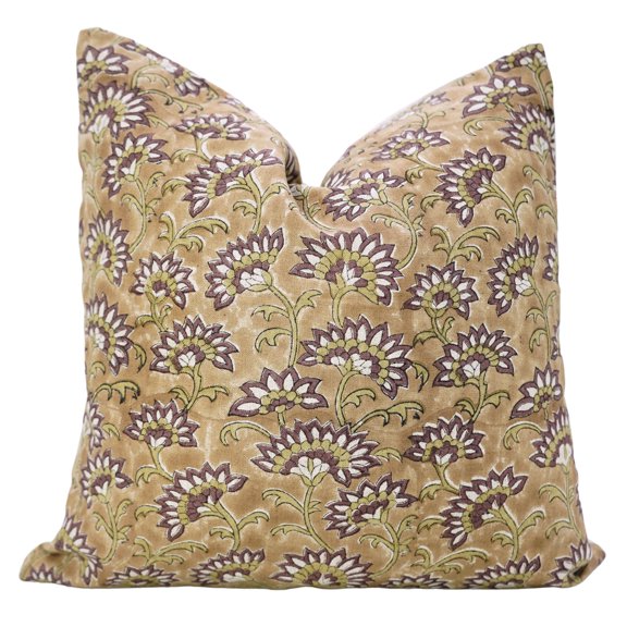 FABDIVINE- RAJNIGANDHA Chocolate Brown Block Print Cushion – 12x20 Pure Linen, Floral Ruffle Pillow, Indian Handmade Art
