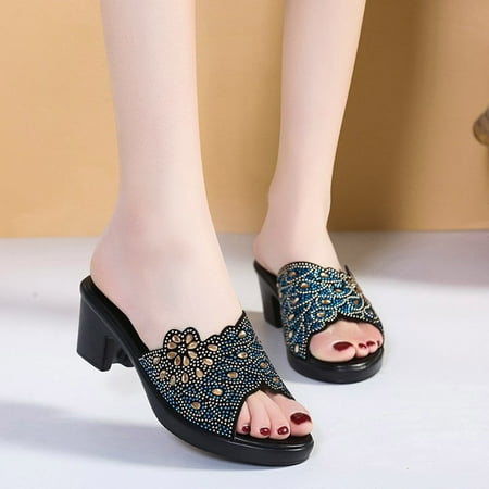 

Womens Summer Comfort Flats Sandals- Trendy High Heel Fish Mouth Rhinestone Casual Sandals Blue Size 7