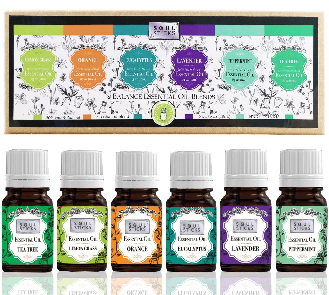 Soul Sticks Essential Oil 6 Pack Gift Set 10 mL Eucalyptus, Lavender, Orange, Lemongrass, Peppermint, Tea Tree