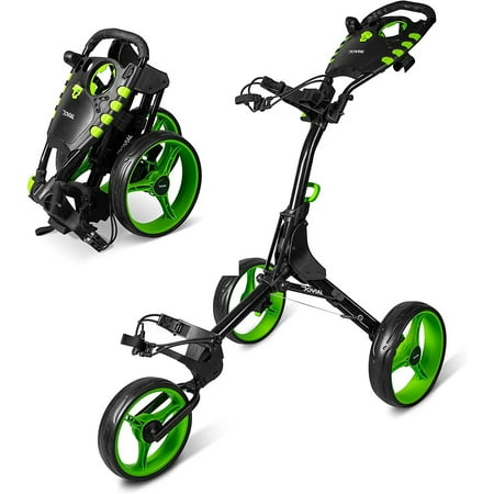 Pyle - JOVIAL 3-Wheel Golf Push Cart - Steel Frame, Foot Brake, Deluxe Scorecard Holder, Patented Bag Holder, Adjustable Handle - Lime