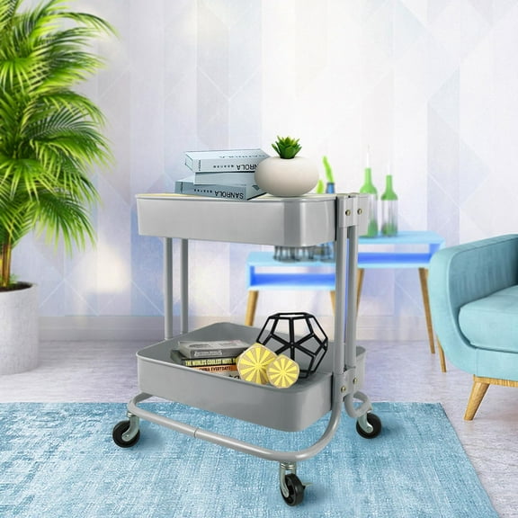 2 Tier Rolling Cart with Wheels and Cover for Office Home Kitchen Organization