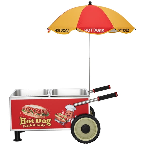 KFFKFF Electric Stainless Steel Hot Dog Steamer Cart, 1200W Food Warmer with Adjustable Temperature (86-203°F), Portable Design with Umbrella and Wheels, Ideal for Bakeries, Food Stalls, and Events