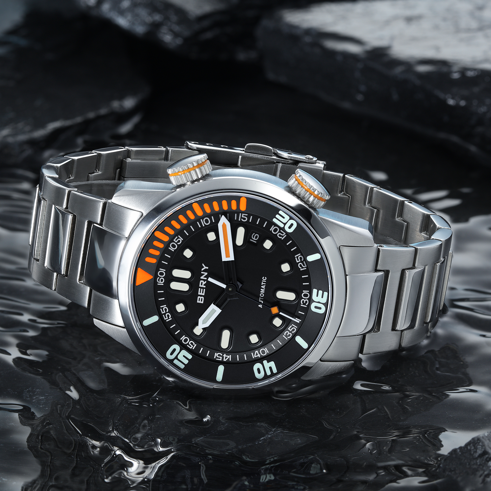 BERNY Automatic Dive Watches for Men, Sport 20ATM Waterproof Analog Mechanical Watch with Date, Super Luminous, Stainless Steel, Sapphire Crystal, Fashion Men's Pro Diver Watch (Black)