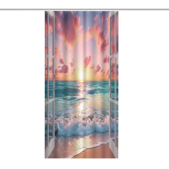 RKSupls Waterproof Shower Curtain, Open Window Sunset Beach Polyester Shower Curtain with Hooks for Chic Elegant Home Bathtub Bathroom Decor Washable