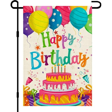 Happy Birthday Garden Flags Double Sided Burlap, Colorful Balloon Cake Toppers Personalized Banner Farmhouse Yard Sign Birthday Party Outdoor Decorations DF576