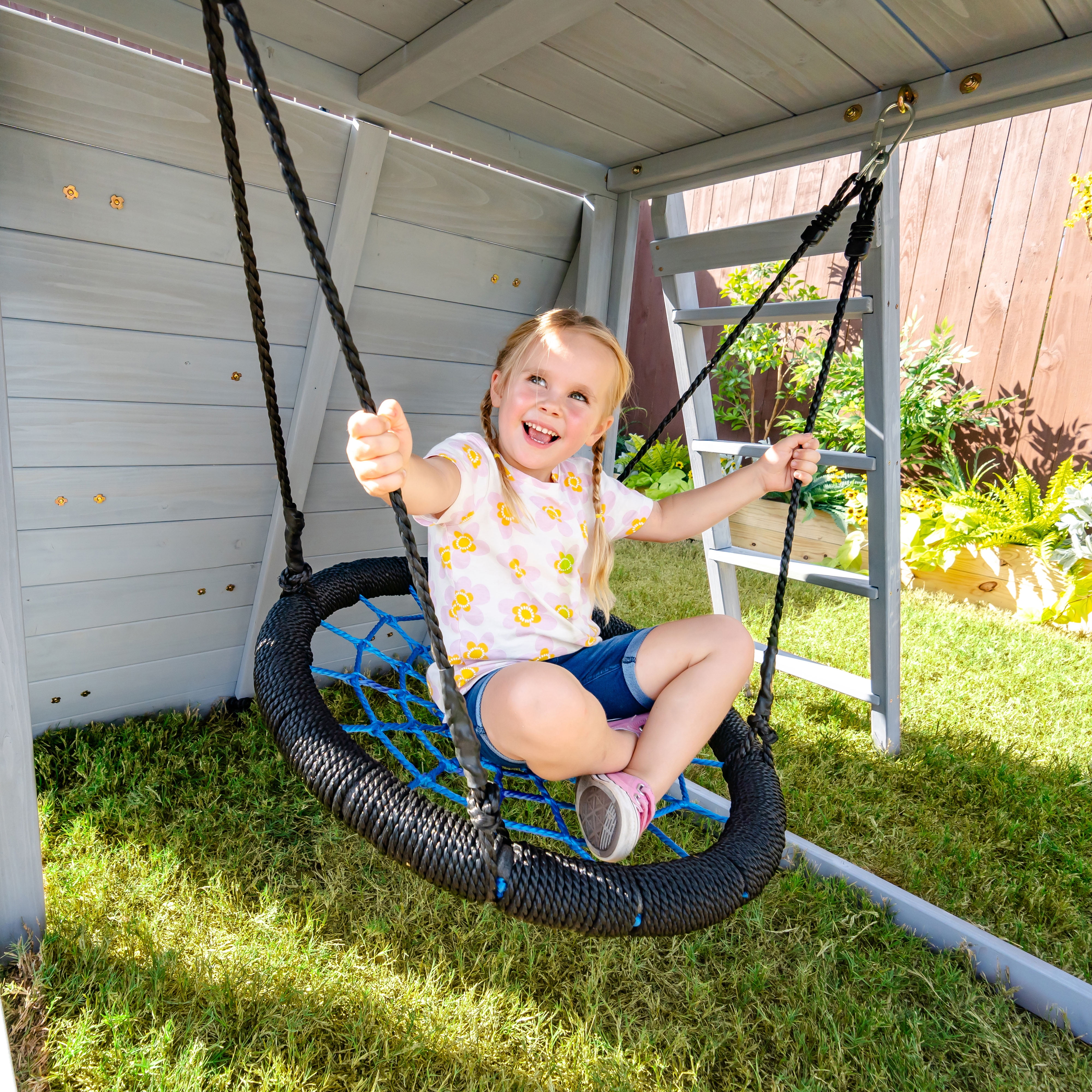 Teamson Kids Everett Plus Swing Set Playset with Platform & Rock Wall, Gray