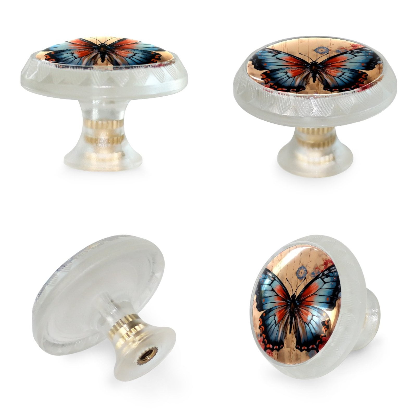 HemaKayy 4 Pack 1.37" Decorative Cabinet Knobs - Elegant ABS Glass Handles for Home Furniture Decor - Dresser Drawer Door Pulls - Perfect for Kitchen Bedroom - Blue Butterfly Ink Paint Flowers