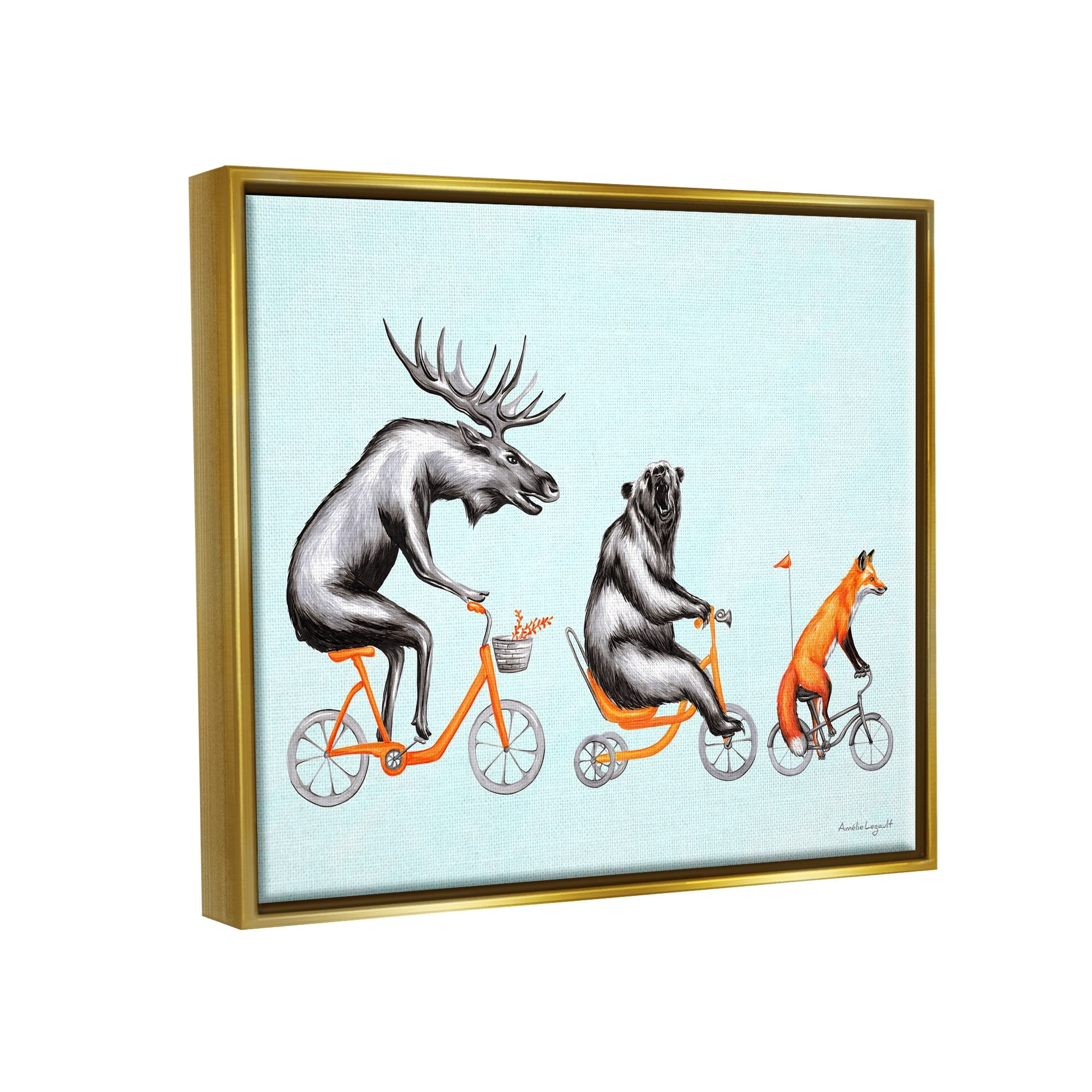 Stupell Industries Wildlife Animals Riding Bikes Moose Bear Fox Graphic Art Metallic Gold Floating Framed Canvas Print Wall Art, Design by Amelie Legault