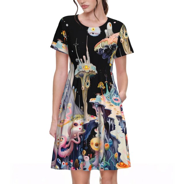 Disketp Cute Mushroom Landscape para Vestido de Manga Corta para Mujeres, Vestidos de Verano para Mujeres, Casual y Holgado para la Playa
