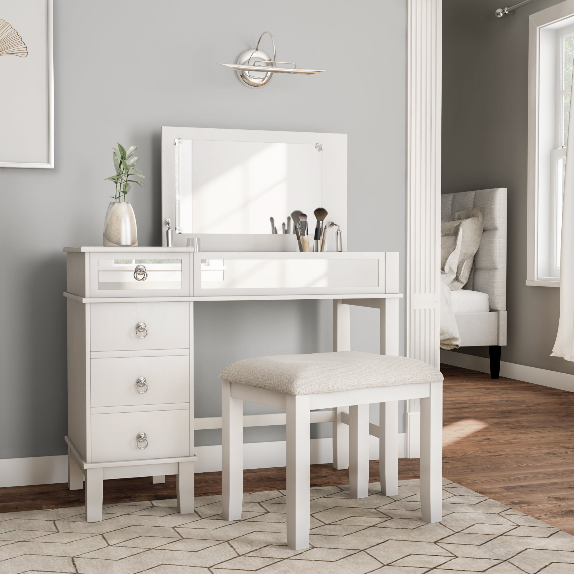 Linon 2 Piece Adult Timeless Storage Vanity and Stool Table Set White