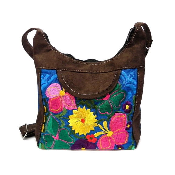 Multicolored Floral Embroidered Brown Vegan Leather Suede Hobo Purse Crossbody Bag - Womens Fashion Handmade Boho Accessories