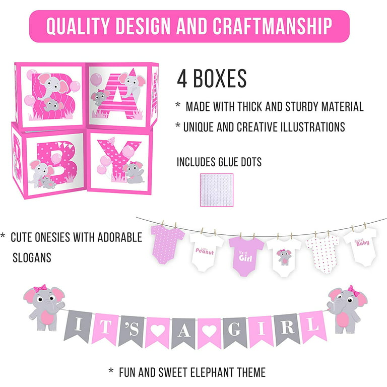 Golray 154pcs Elephant Baby Shower Decorations for Girl Baby Box with  Letters Pink Gray Balloon Arch It's a Girl Backdrop Tablecloth Star  Elephant Kid